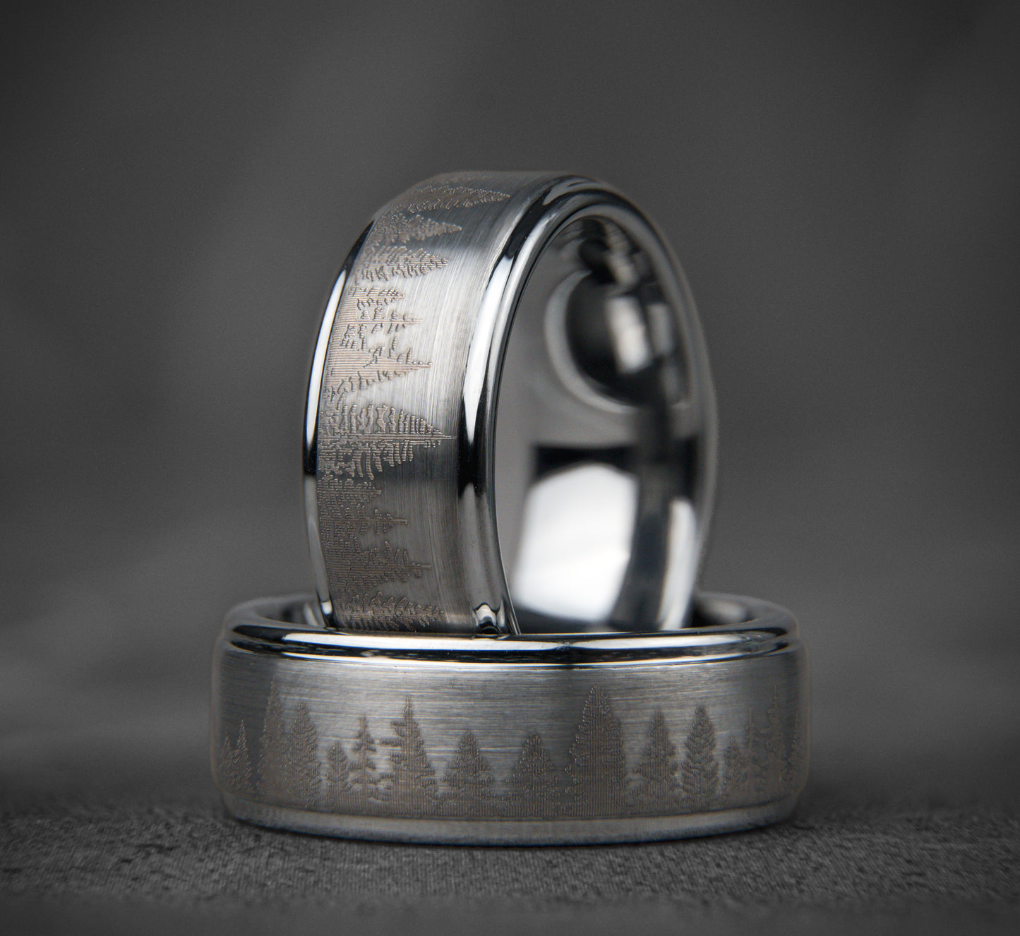 FROZEN FOREST - Silver Tungsten Ring, Pine Tree Oak Wedding Band, Nature Tungsten Mens Ring, Unique Wedding Band