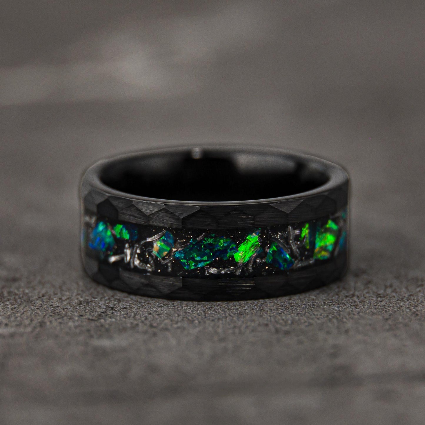 COSMOREX - Meteorite and Emerald Green Opal Hammered Tungsten Ring