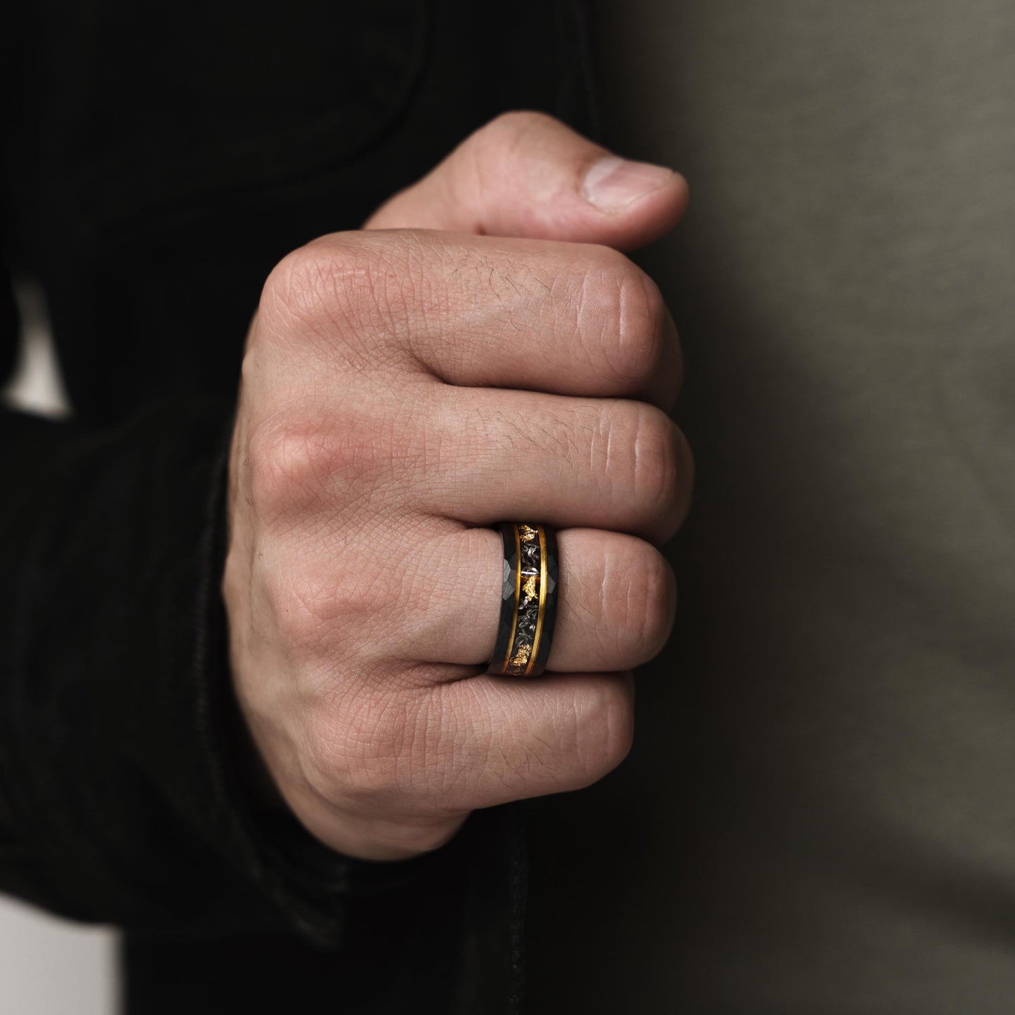 BLACK & YELLOW - Damascus Meteorite Crushed Gold Leaf Mens Wedding Band