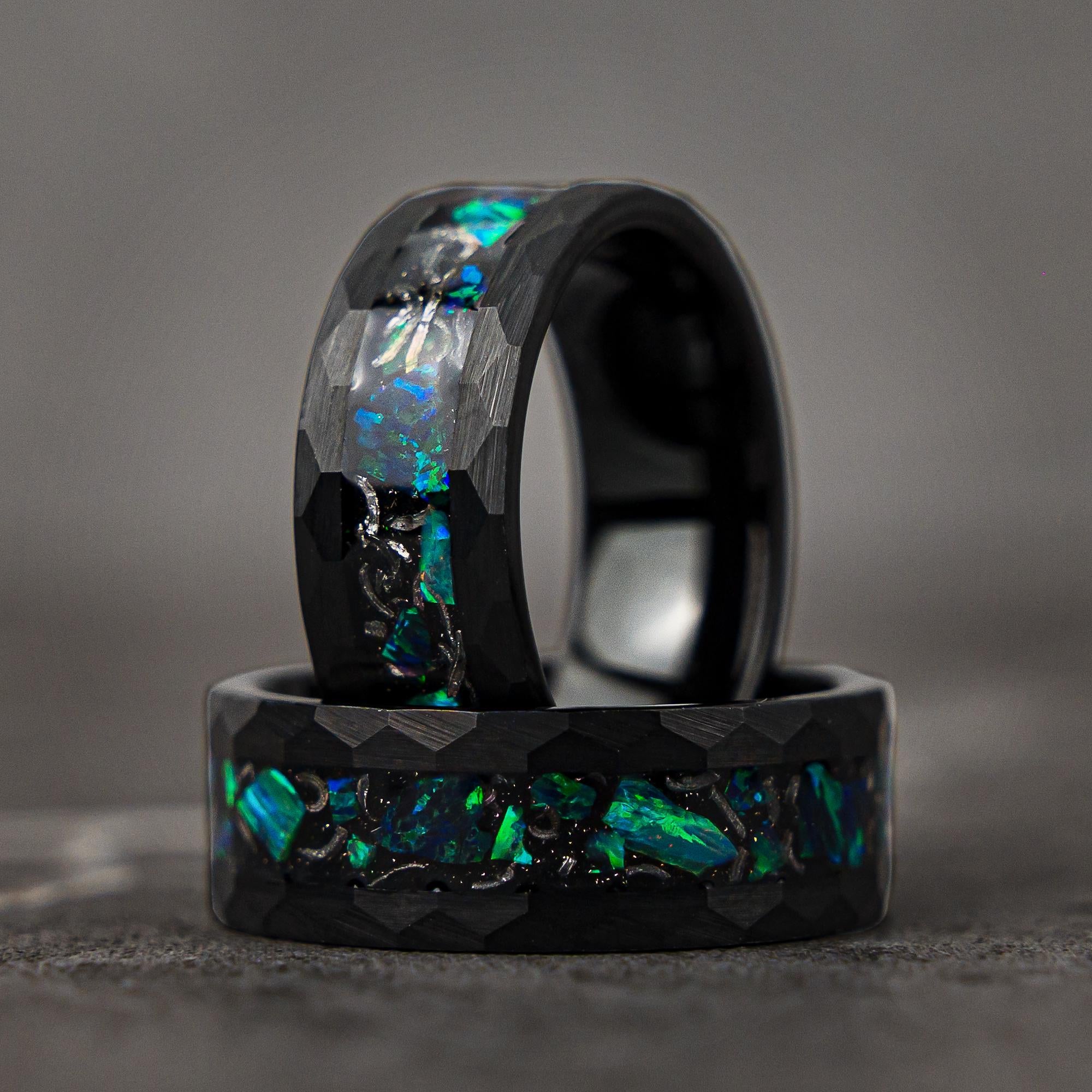 COSMOREX Meteorite and Emerald Green Opal Hammered Tungsten Ring