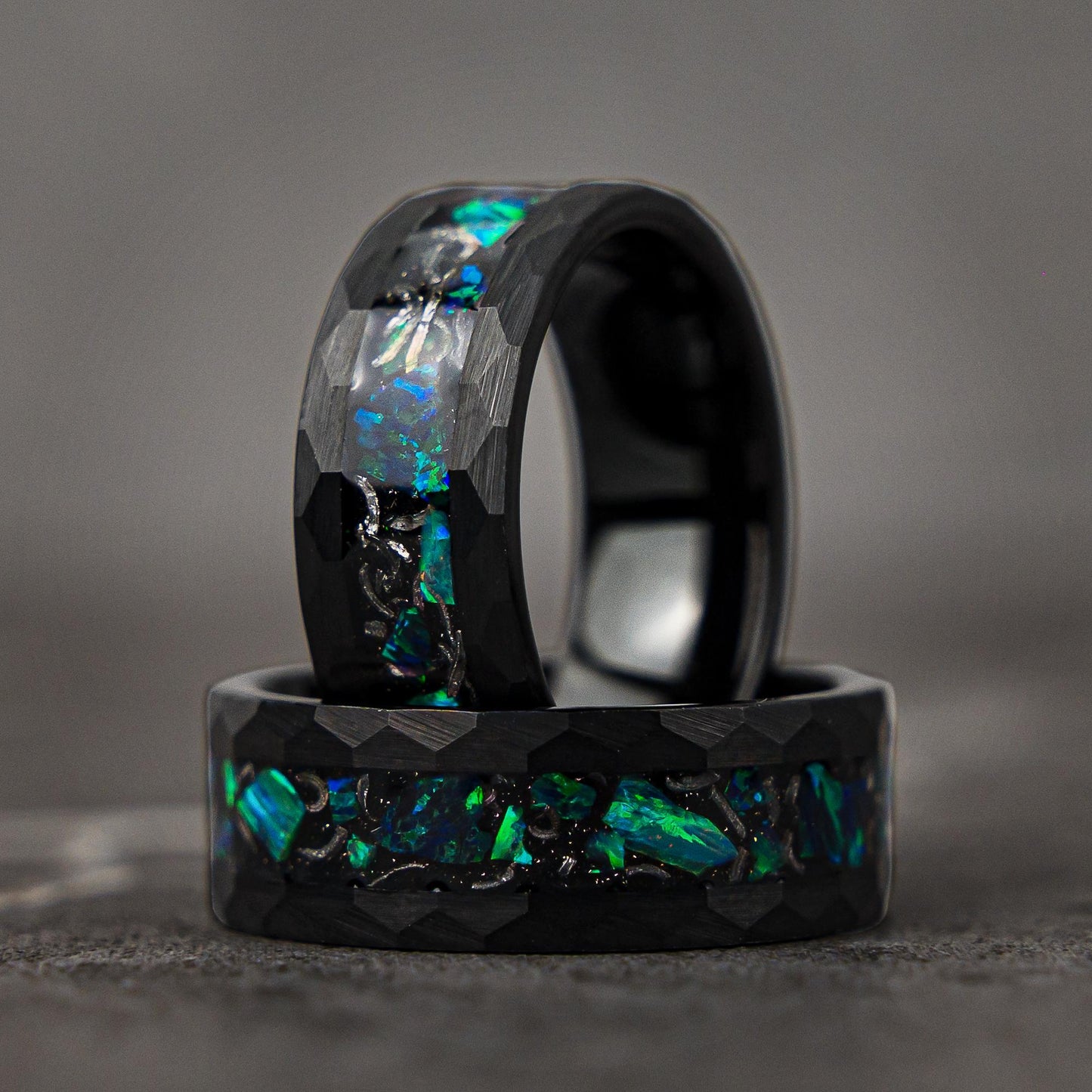 COSMOREX - Meteorite and Emerald Green Opal Hammered Tungsten Ring