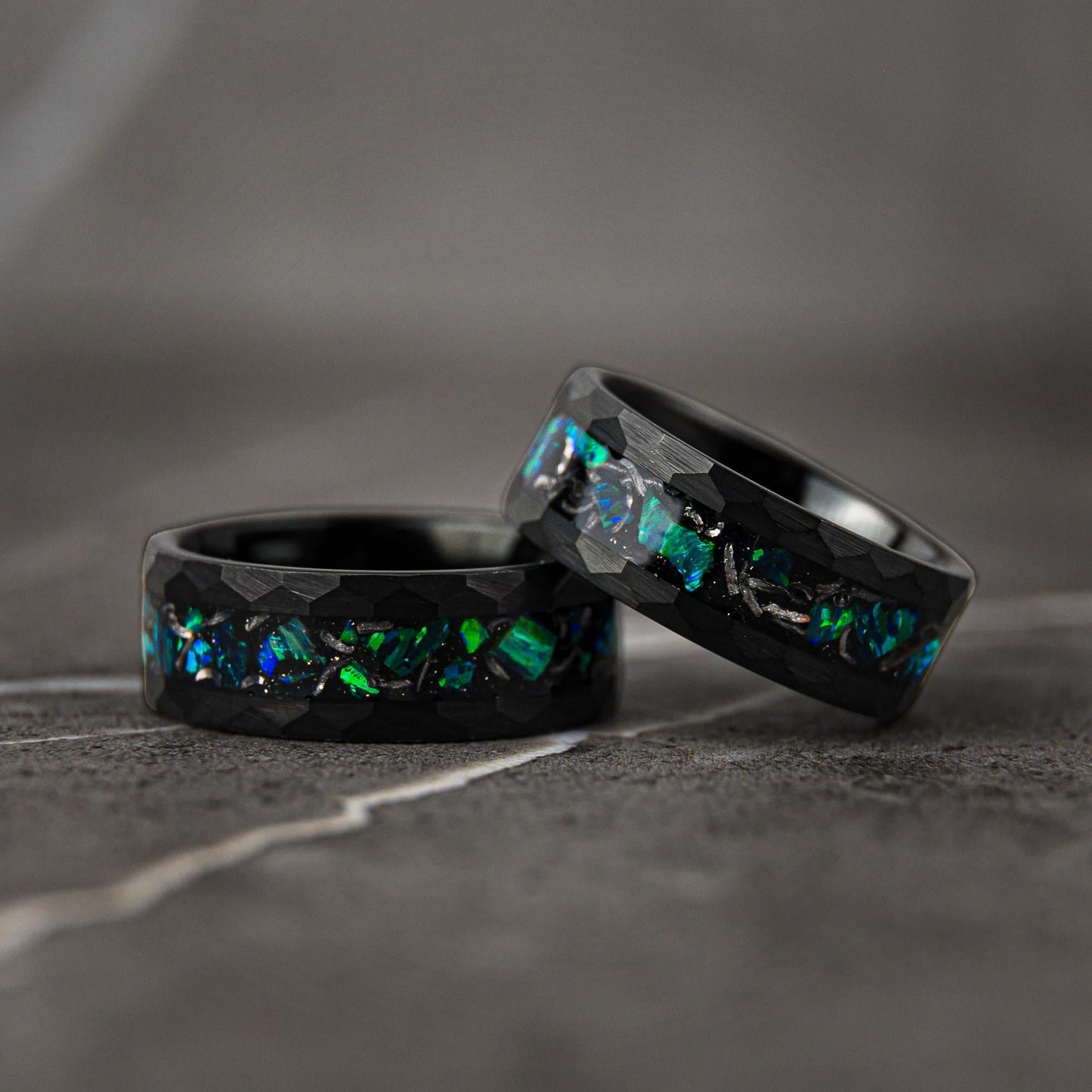 COSMOREX - Meteorite and Emerald Green Opal Hammered Tungsten Ring