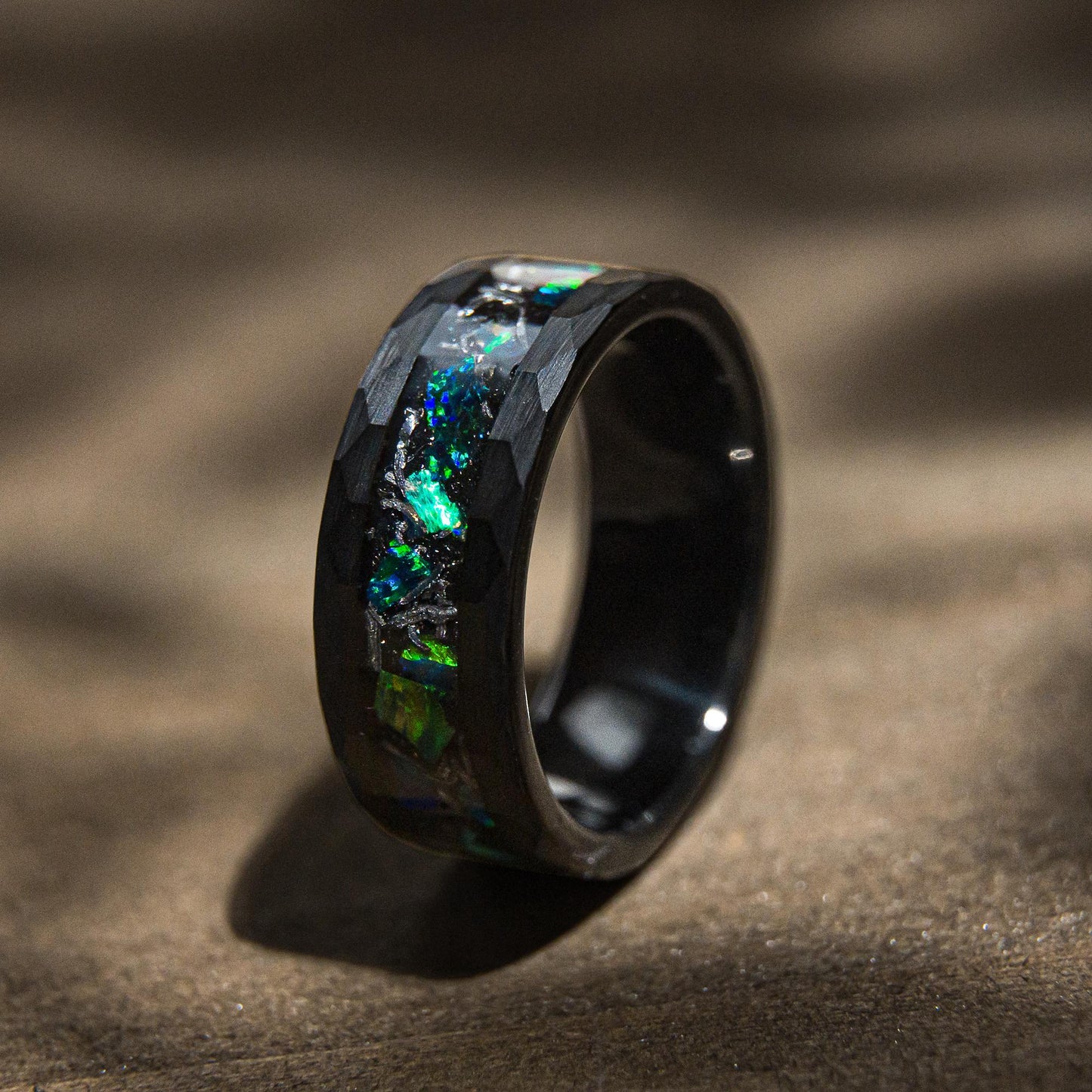 COSMOREX - Meteorite and Emerald Green Opal Hammered Tungsten Ring