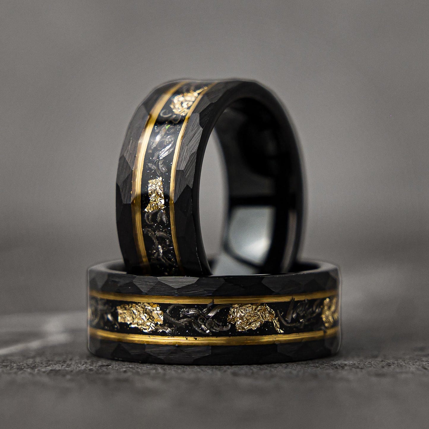 BLACK & YELLOW - Damascus Meteorite Crushed Gold Leaf Mens Wedding Band