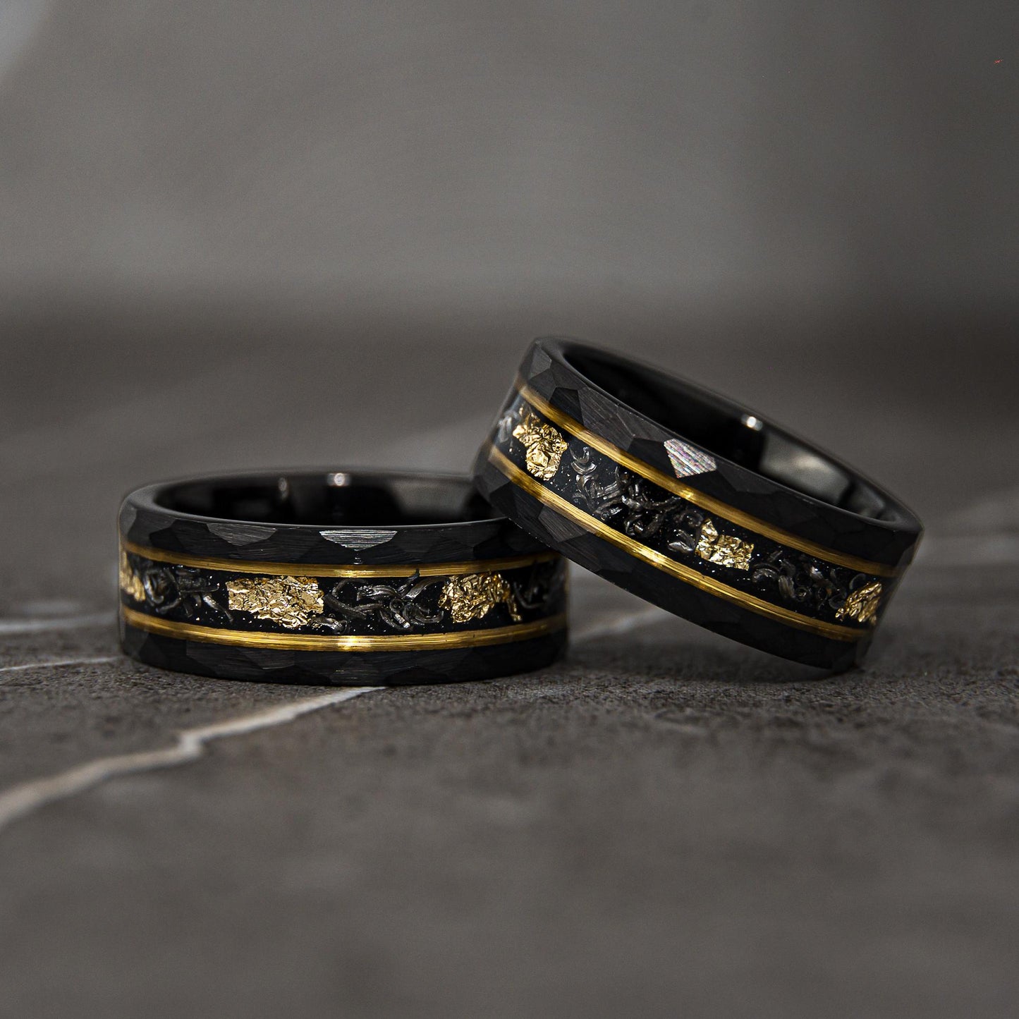 BLACK & YELLOW - Damascus Meteorite Crushed Gold Leaf Mens Wedding Band