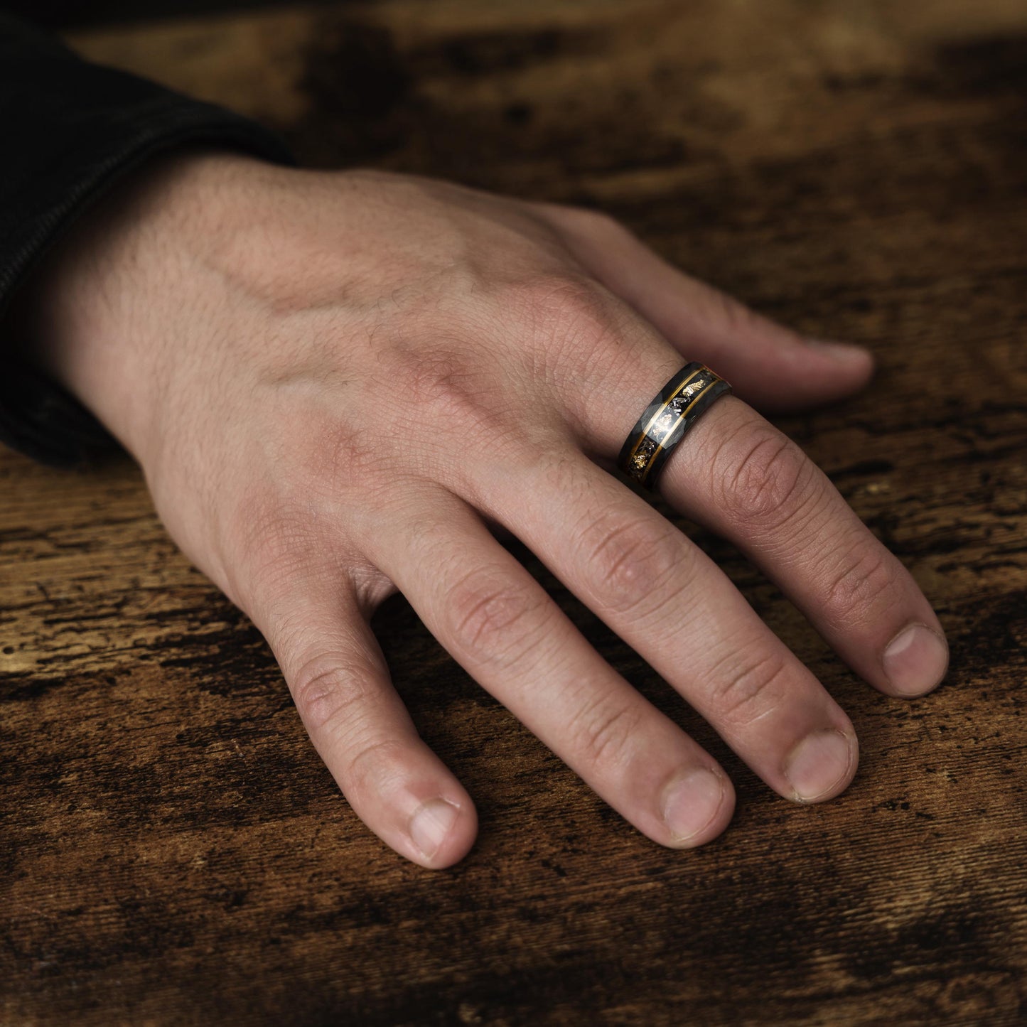 BLACK & YELLOW - Damascus Meteorite Crushed Gold Leaf Mens Wedding Band