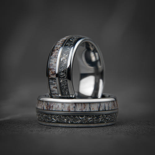 DEER HUNTER - Meteorite Deer Antler Silver Tungsten Wedding Ring