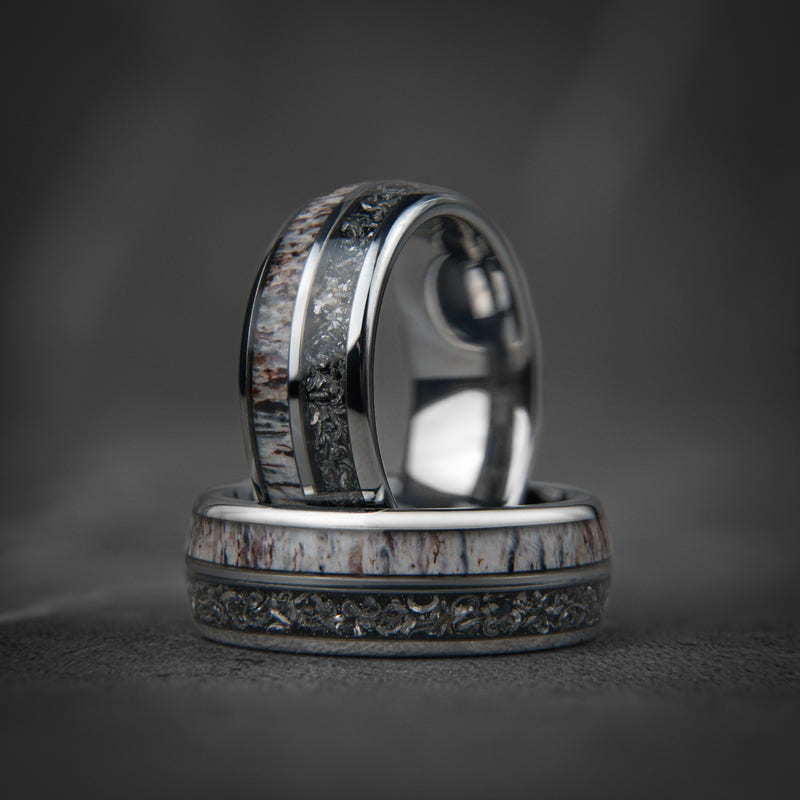 DEER HUNTER - Meteorite Deer Antler Silver Tungsten Wedding Ring