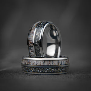 DEER HUNTER - Meteorite Deer Antler Silver Tungsten Wedding Ring