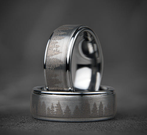 FROZEN FOREST - Silver Tungsten Ring, Pine Tree Oak Wedding Band, Nature Tungsten Mens Ring, Unique Wedding Band