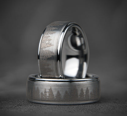 FROZEN FOREST - Silver Tungsten Ring, Pine Tree Oak Wedding Band, Nature Tungsten Mens Ring, Unique Wedding Band