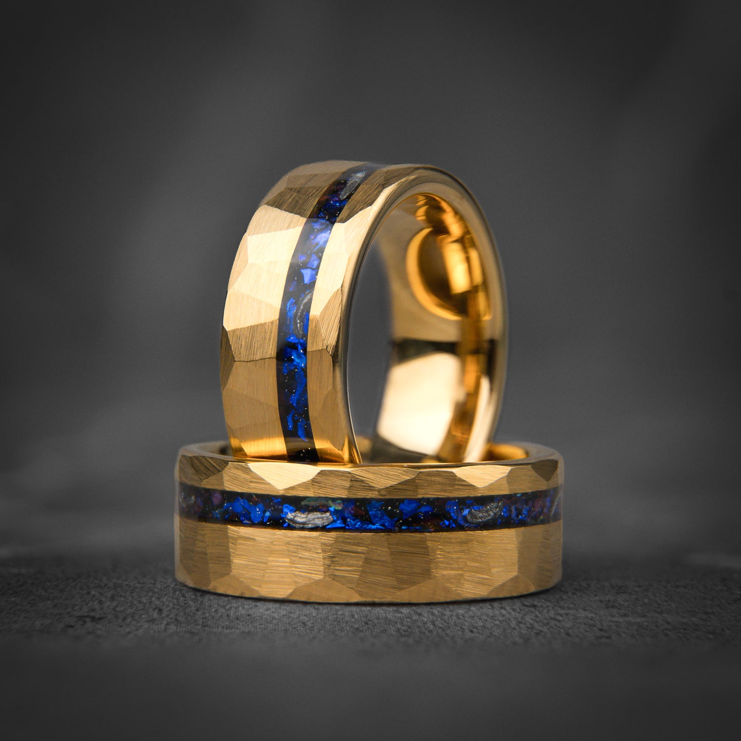 POSEIDON - Blue Sapphire Hammered Yellow Gold Tungsten Ring