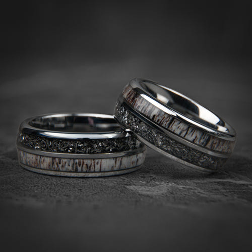 DEER HUNTER - Meteorite Deer Antler Silver Tungsten Wedding Ring
