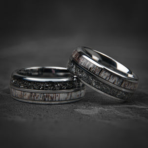 DEER HUNTER - Meteorite Deer Antler Silver Tungsten Wedding Ring