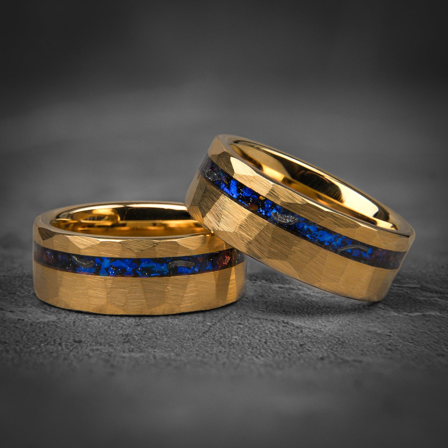 POSEIDON - Blue Sapphire Hammered Yellow Gold Tungsten Ring