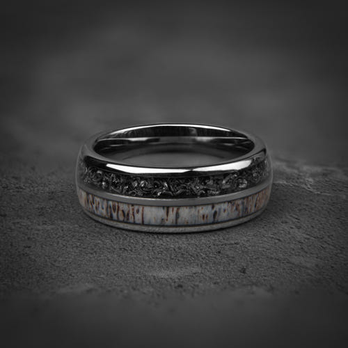 DEER HUNTER - Meteorite Deer Antler Silver Tungsten Wedding Ring