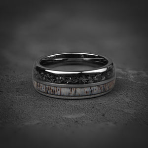 DEER HUNTER - Meteorite Deer Antler Silver Tungsten Wedding Ring