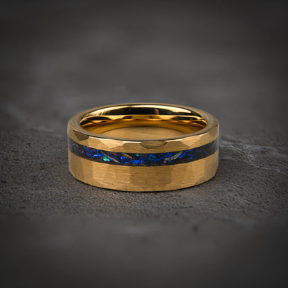 POSEIDON - Blue Sapphire Hammered Yellow Gold Tungsten Ring