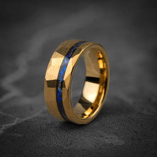 POSEIDON - Blue Sapphire Hammered Yellow Gold Tungsten Ring
