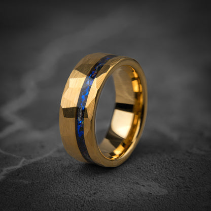 POSEIDON - Blue Sapphire Hammered Yellow Gold Tungsten Ring