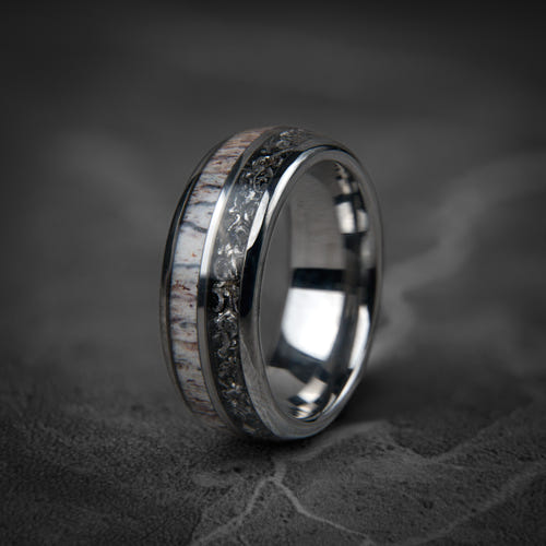 DEER HUNTER - Meteorite Deer Antler Silver Tungsten Wedding Ring
