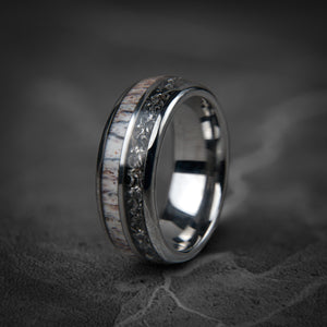 DEER HUNTER - Meteorite Deer Antler Silver Tungsten Wedding Ring