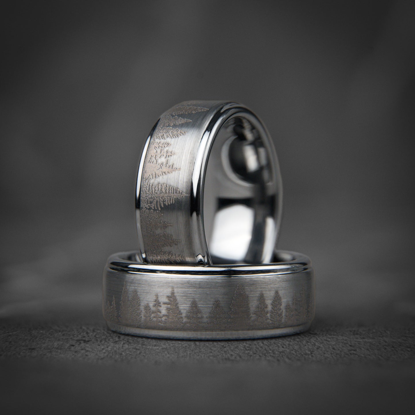 FROZEN FOREST - Silver Tungsten Ring, Pine Tree Oak Wedding Band, Nature Tungsten Mens Ring, Unique Wedding Band