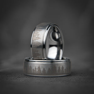 FROZEN FOREST - Silver Tungsten Ring, Pine Tree Oak Wedding Band, Nature Tungsten Mens Ring, Unique Wedding Band