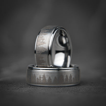 FROZEN FOREST - Silver Tungsten Ring, Pine Tree Oak Wedding Band, Nature Tungsten Mens Ring, Unique Wedding Band