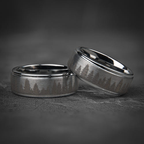 FROZEN FOREST - Silver Tungsten Ring, Pine Tree Oak Wedding Band, Nature Tungsten Mens Ring, Unique Wedding Band