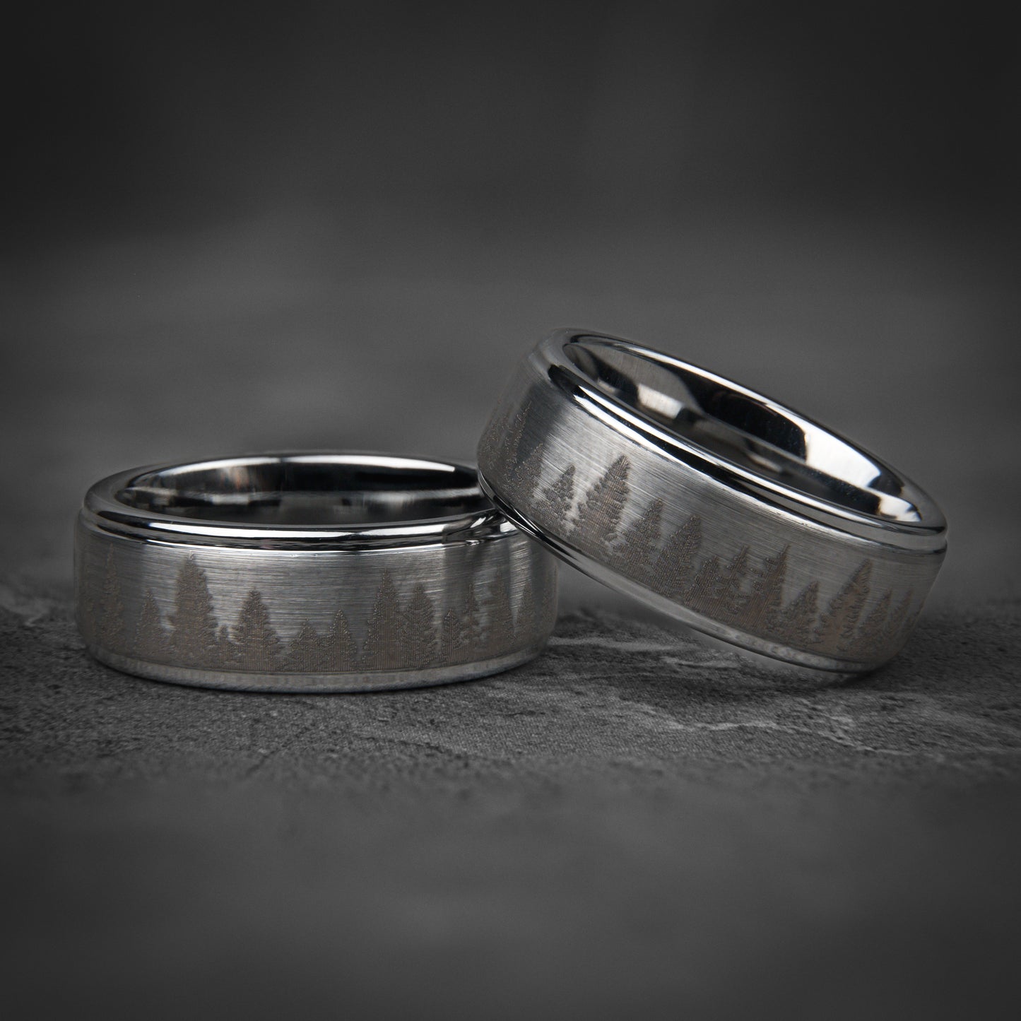 FROZEN FOREST - Silver Tungsten Ring, Pine Tree Oak Wedding Band, Nature Tungsten Mens Ring, Unique Wedding Band