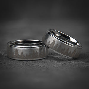 FROZEN FOREST - Silver Tungsten Ring, Pine Tree Oak Wedding Band, Nature Tungsten Mens Ring, Unique Wedding Band