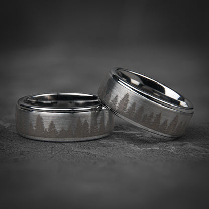 FROZEN FOREST - Silver Tungsten Ring, Pine Tree Oak Wedding Band, Nature Tungsten Mens Ring, Unique Wedding Band