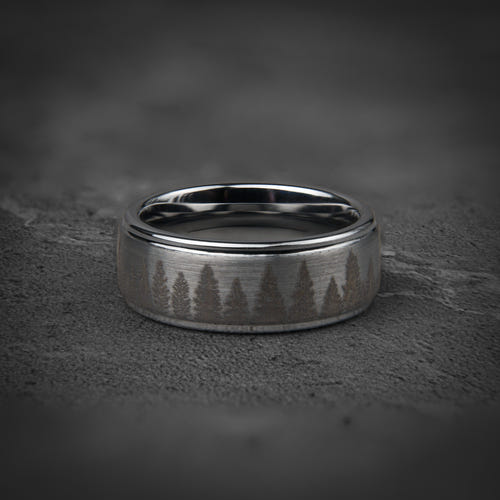 FROZEN FOREST - Silver Tungsten Ring, Pine Tree Oak Wedding Band, Nature Tungsten Mens Ring, Unique Wedding Band