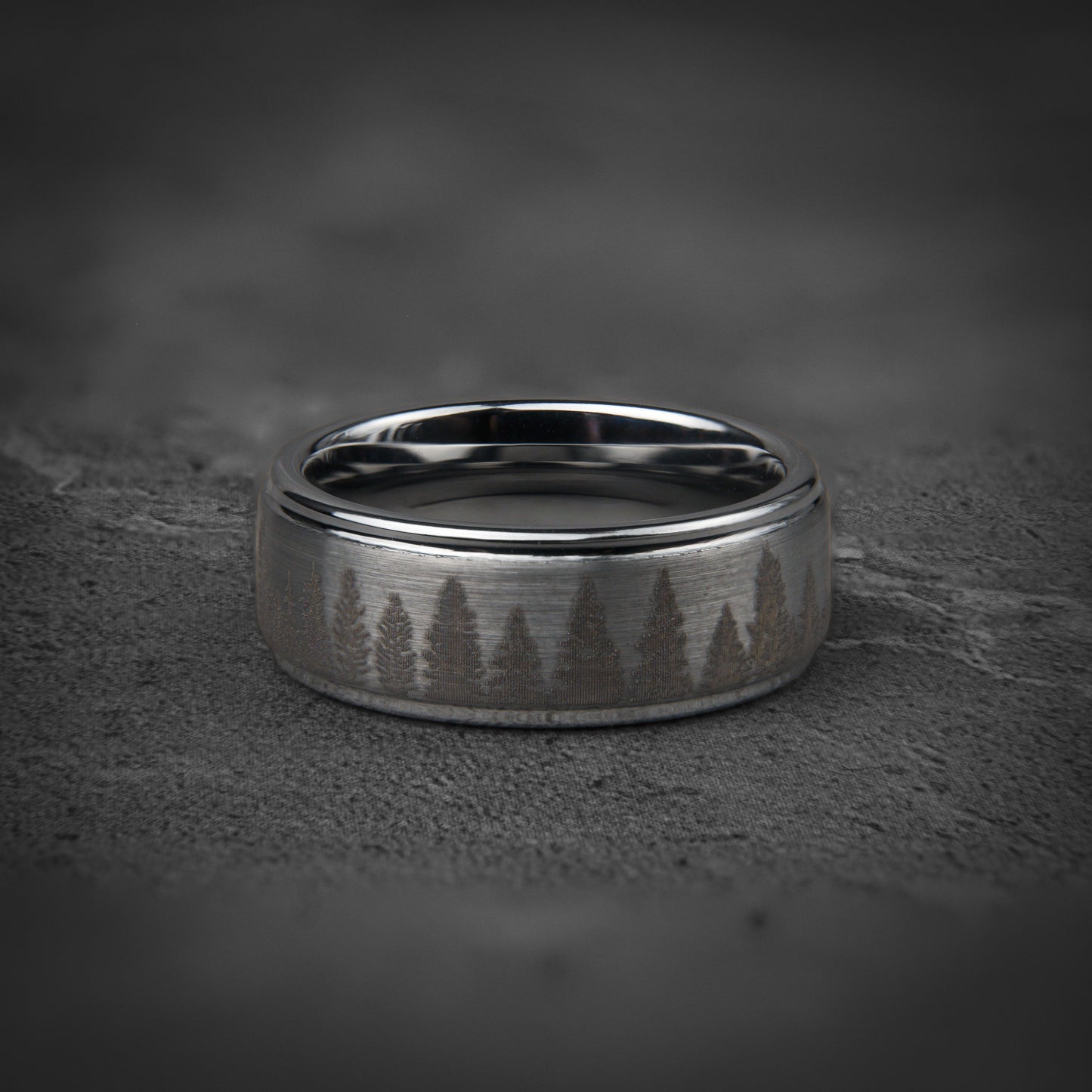 FROZEN FOREST - Silver Tungsten Ring, Pine Tree Oak Wedding Band, Nature Tungsten Mens Ring, Unique Wedding Band