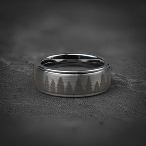 FROZEN FOREST - Silver Tungsten Ring, Pine Tree Oak Wedding Band, Nature Tungsten Mens Ring, Unique Wedding Band
