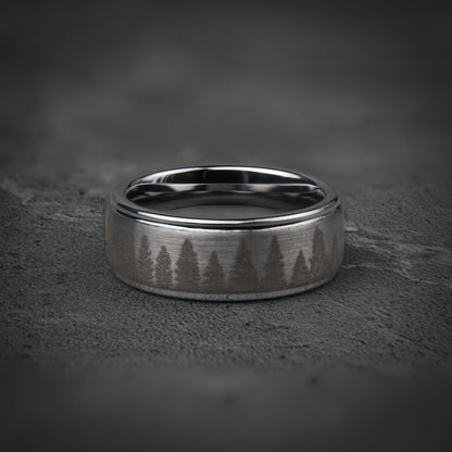 FROZEN FOREST - Silver Tungsten Ring, Pine Tree Oak Wedding Band, Nature Tungsten Mens Ring, Unique Wedding Band