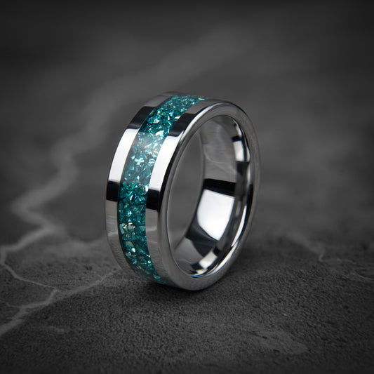 GLACIER CREST – Ring aus geschliffenem Pazifikblau-Opal und Silberwolfram