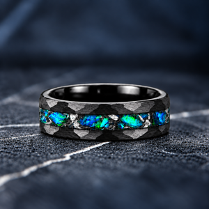 Midnight Tide — Emerald Blue Opal & Meteorite Ring