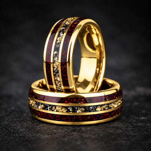 REDSHIFT FORGE – Red Opal & Meteorite Tungsten Ring with 24K Yellow Gold Leaf