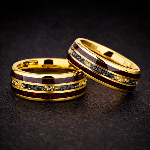 REDSHIFT FORGE – Red Opal & Meteorite Tungsten Ring with 24K Yellow Gold Leaf