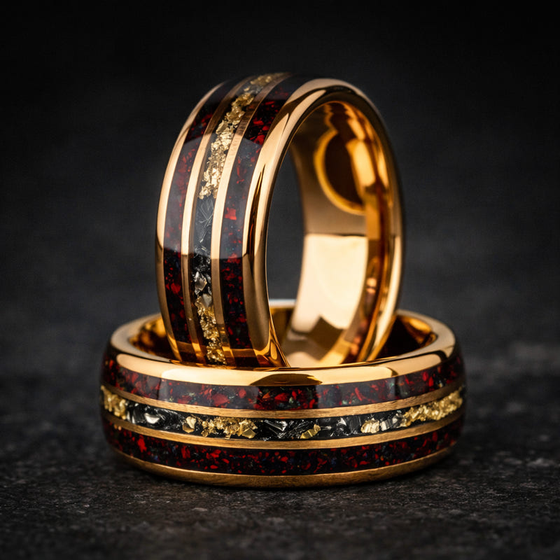 AURORA FORGE – Dunkelroter Opal-Meteoriten-Wolframring mit 24K Goldflocken
