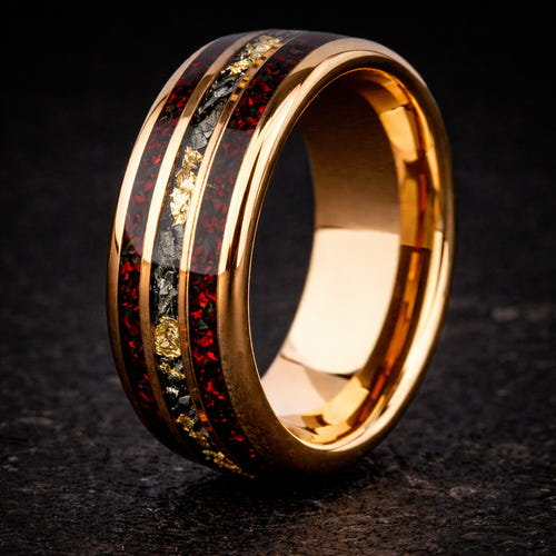 AURORA FORGE – Dark Red Opal Meteorite Tungsten Ring with 24K Gold Flakes