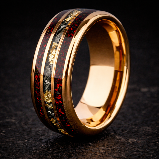 AURORA FORGE – Bague en tungstène en météorite opale rouge foncé avec flocons d'or 24 carats