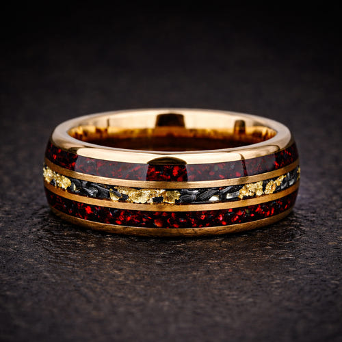 AURORA FORGE – Dark Red Opal Meteorite Tungsten Ring with 24K Gold Flakes