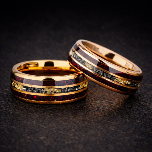 AURORA FORGE – Dark Red Opal Meteorite Tungsten Ring with 24K Gold Flakes