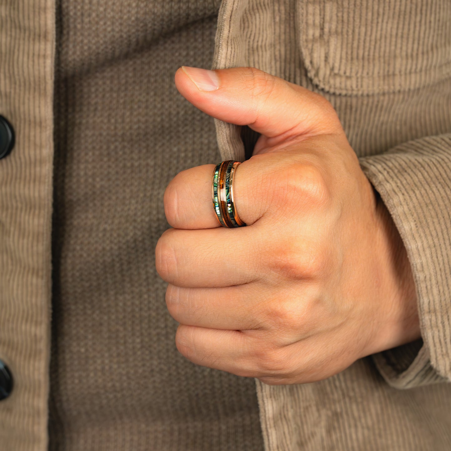 AEGIR -Abalone & Whiskey Barrel Tungsten Ring in Rose Gold