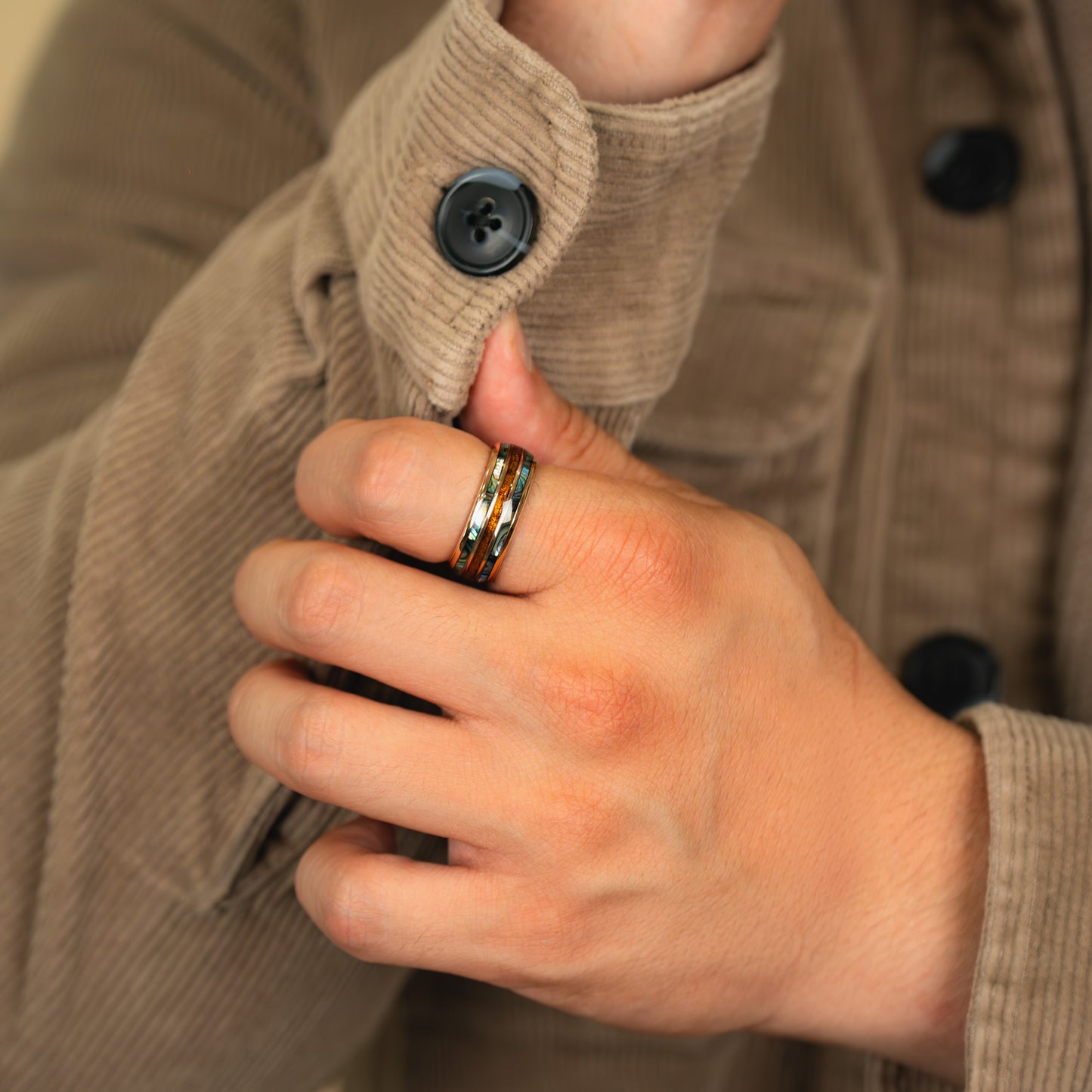 AEGIR -Abalone & Whiskey Barrel Tungsten Ring in Rose Gold