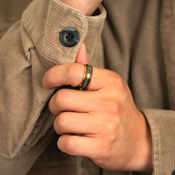 Velvet Ivy - Green Opal & Whiskey Barrel Light Rose Gold Tungsten Ring