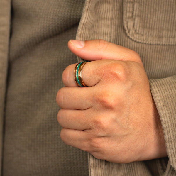 Velvet Ivy - Green Opal & Whiskey Barrel Light Rose Gold Tungsten Ring